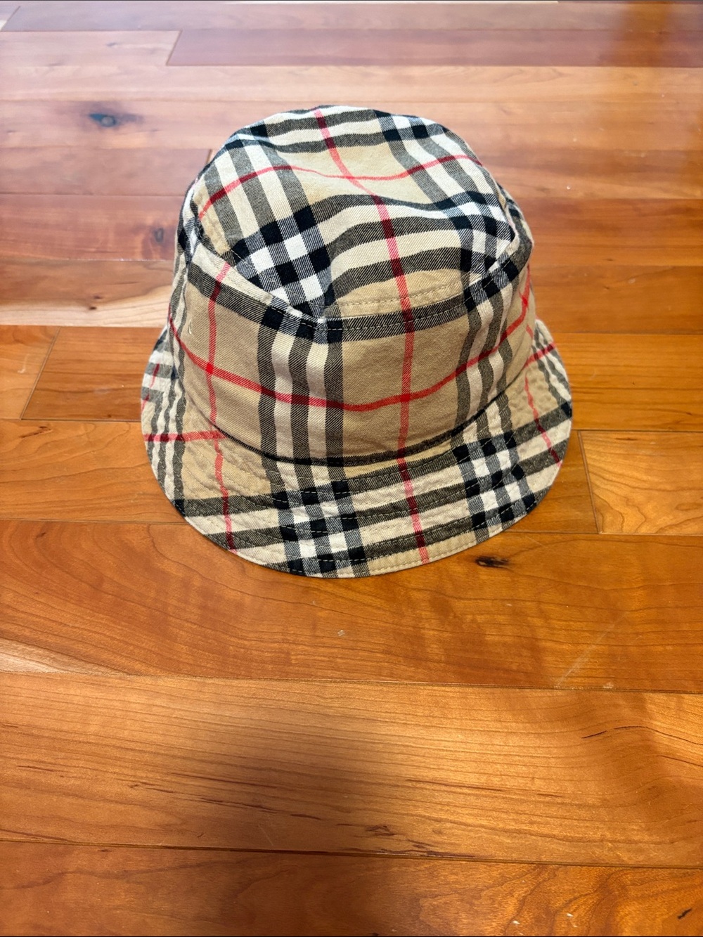 Burberry Beige Plaid Bucket Hat with Black and Red Check